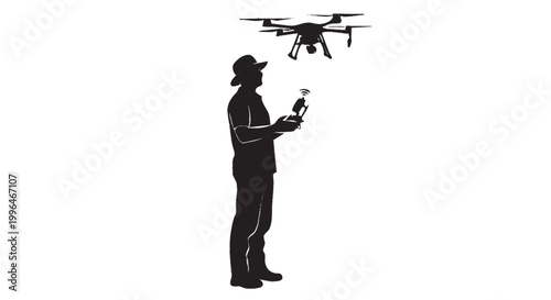 Farmer operating agricultural drone remote control silhouette, precision farming agtech vector isolated on white background