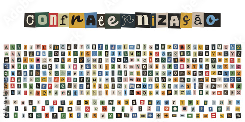 Alfabeto de colagem estilo nota de resgate com a palavra confraternização para convites de eventos