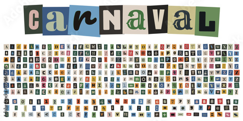 Alfabeto de recorte estilo nota de resgate para convite de carnaval e colagem criativa