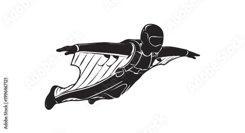 Wingsuit pilot flying horizontal glide silhouette, extreme air sport adventure vector isolated on white background