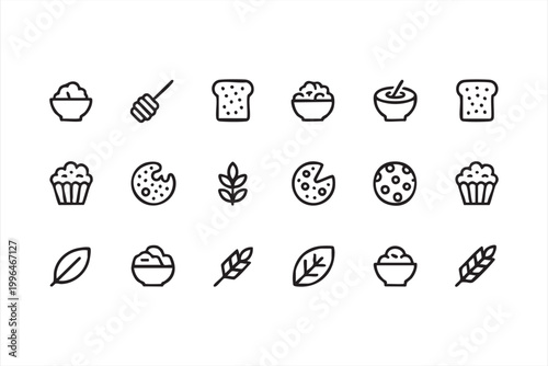 Bread and Grain Icons, Bakery Food, Wheat and Baking Ingredients