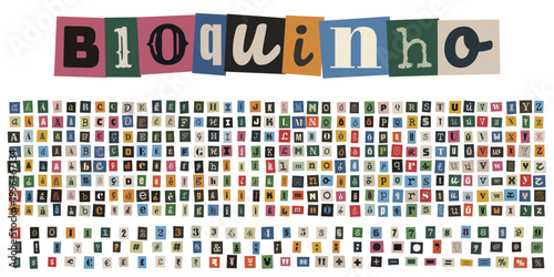 Alfabeto de recorte estilo carta de resgate com letras e numeros coloridos para colagem e design criativo