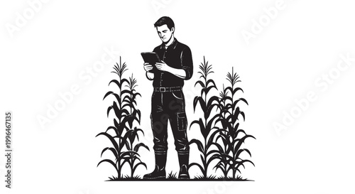 Agronomist standing in corn field holding tablet silhouette, precision agriculture agtech vector isolated on white background