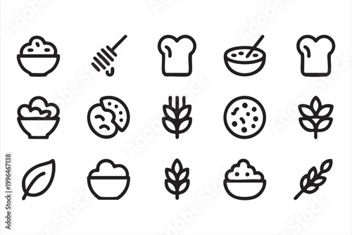 Bakery Ingredient Icons, Bread, Flour, Dough and Grain Elements