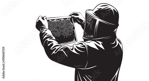 Beekeeper holding honeycomb frame inspection silhouette, organic beekeeping apiculture vector isolated on white background