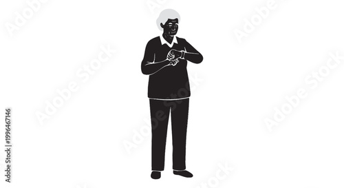 Active senior woman checking smartwatch health data silhouette, elderly technology longevity vector isolated on white background