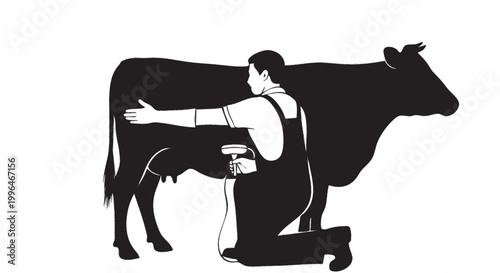 Veterinary technician performing bovine artificial insemination silhouette, livestock reproduction vector isolated on white background