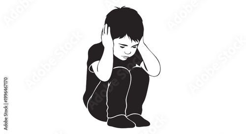 TÍTULO:
Child with autism sensory overload hands over ears silhouette, autism awareness vector isolated on white background