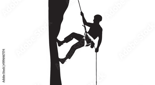 Rock climber rappelling vertical cliff silhouette, mountain extreme sport descent vector isolated on white background