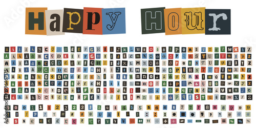 Alfabeto de recorte de revista estilo bilhete anonimo para convites de happy hour e colagens