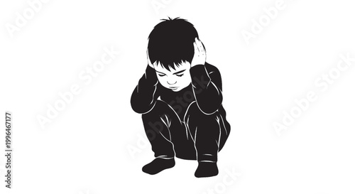 TÍTULO:
Child with autism sensory overload hands over ears silhouette, autism awareness vector isolated on white background