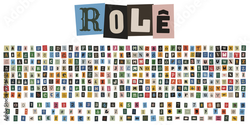 Alfabeto completo de letras recortadas de revista estilo colagem com a giria brasileira role