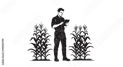 Agronomist standing in corn field holding tablet silhouette, precision agriculture agtech vector isolated on white background