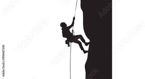 Rock climber rappelling vertical cliff silhouette, mountain extreme sport descent vector isolated on white background