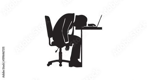 Office worker burnout exhausted head on desk silhouette, workplace mental health vector isolated on white background
