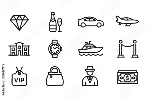 VIP Lifestyle Icons, Luxury Travel, Diamond, Car and Private Jet Elements