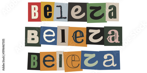 Palavra beleza em estilo de recorte de revista para design de colagem criativa