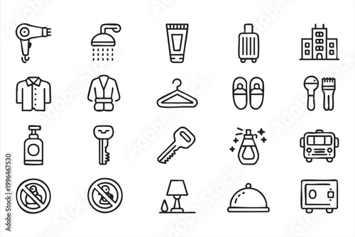 Hospitality Icons, Hotel Amenities, Bathroom, Luggage and Room Service