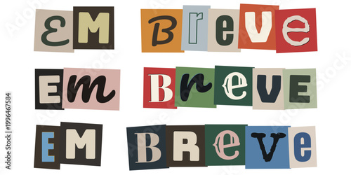 Frase em breve em estilo de colagem de letras recortadas para marketing e teasers