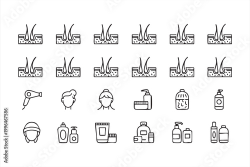 Hair Scalp Care Icons, Shampoo Treatment, Hair Follicle and Beauty Routine