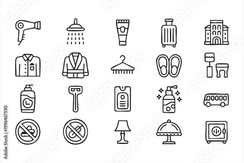 Hotel Amenities Icons, Hospitality Services, Luggage, Shower and Room Care