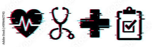 Medical icons with glitch effect including heart, stethoscope, cross, and clipboard representing digital health and modern technology.