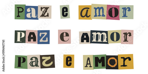 Frase paz e amor em colagem de letras estilo nota de resgate vintage para design criativo