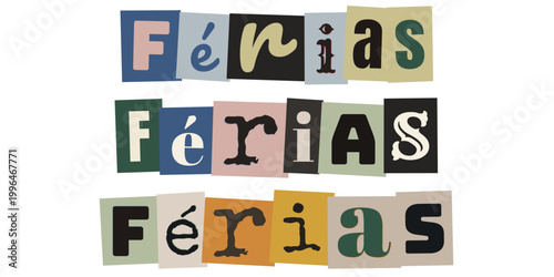 Palavra ferias em estilo colagem de revista para planejamento de viagem escolar