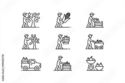Agriculture Harvest Icons, Farmer Work, Orchard Picking and Produce Transport