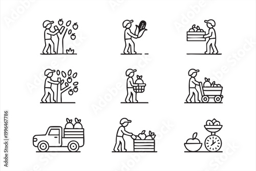 Farm Harvest Icons, Agriculture Work, Fruit Picking and Crop Collection