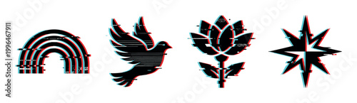 Glitch effect symbols including a rainbow, dove, lotus flower, and starburst with digital distortion and anaglyph style.