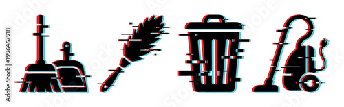 Glitch effect cleaning tools including a broom, dustpan, feather duster, trash can, and vacuum cleaner in a modern digital illustration.