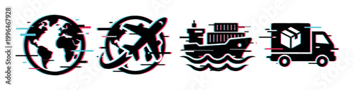 Glitch effect logistics icons depicting global transportation methods including air, sea, and land delivery services for modern commerce.
