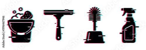 Cleaning tools set with bucket, squeegee, toilet brush, and spray bottle icons featuring a modern glitch effect.