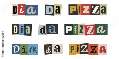 Letreiro Dia da Pizza com estética retrô de recorte de revista para marketing de pizzaria artesanal