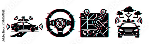 Autonomous driving technology icons with a modern glitch effect illustrating smart vehicle concepts and navigation systems.