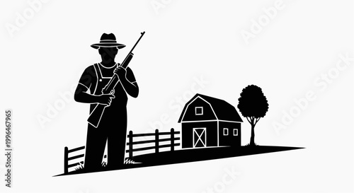 Farmer Silhouette with Rifle, Barn and Fence in Rural Landscape