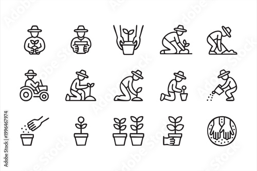 Planting and Gardening Icons, Farmer Care, Soil Cultivation and Watering