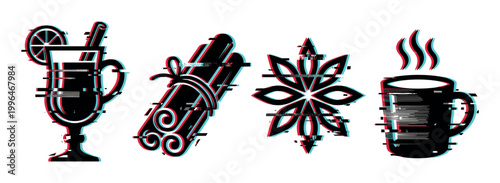 Winter spices and hot drinks collection with a modern glitch effect, perfect for holiday designs and seasonal promotions.