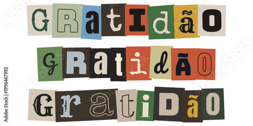 Palavra gratidão em estilo de colagem de recortes de papel colorido para diário de manifestação