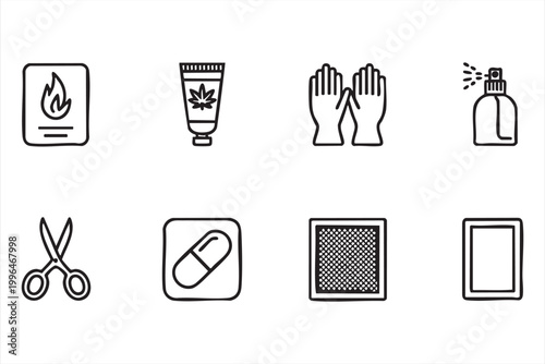 First Aid Icons, Medical Equipment, Healthcare Safety and Emergency Tools