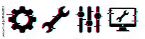 Digital settings and tools icons with a modern glitch effect represent technology, customization, and system maintenance.