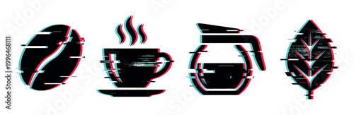 Glitch effect coffee and tea icons with digital distortion and anaglyph style for modern beverage concepts.
