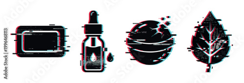 Glitch effect icons featuring a soap bar, dropper bottle, cracked planet, and leaf, rendered with a modern digital anaglyph style.