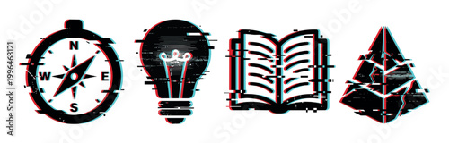 Compass, lightbulb, book, and pyramid icons with a modern digital glitch effect, symbolizing guidance, innovation, and knowledge.