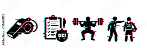 Sports and fitness icons with glitch effect representing coaching, training, and athletic activities in a modern digital style.