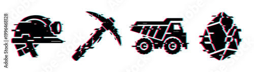 Glitch effect mining icons set featuring a helmet, pickaxe, dump truck, and gem with a modern digital distortion style.