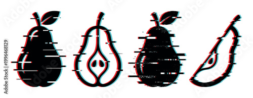 Pears fruit glitch effect digital art illustration set with distorted anaglyph style elements and modern aesthetic.
