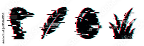 Glitch art collection of ostrich, feather, egg, and plant silhouettes with digital distortion effect and vibrant color channels.