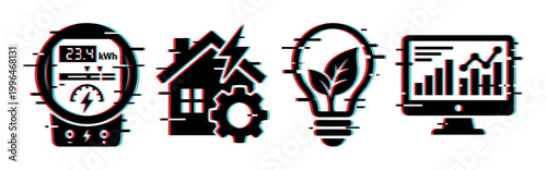 Energy meter house light bulb monitor icons with glitch effect representing smart home, sustainable power, and data analysis.